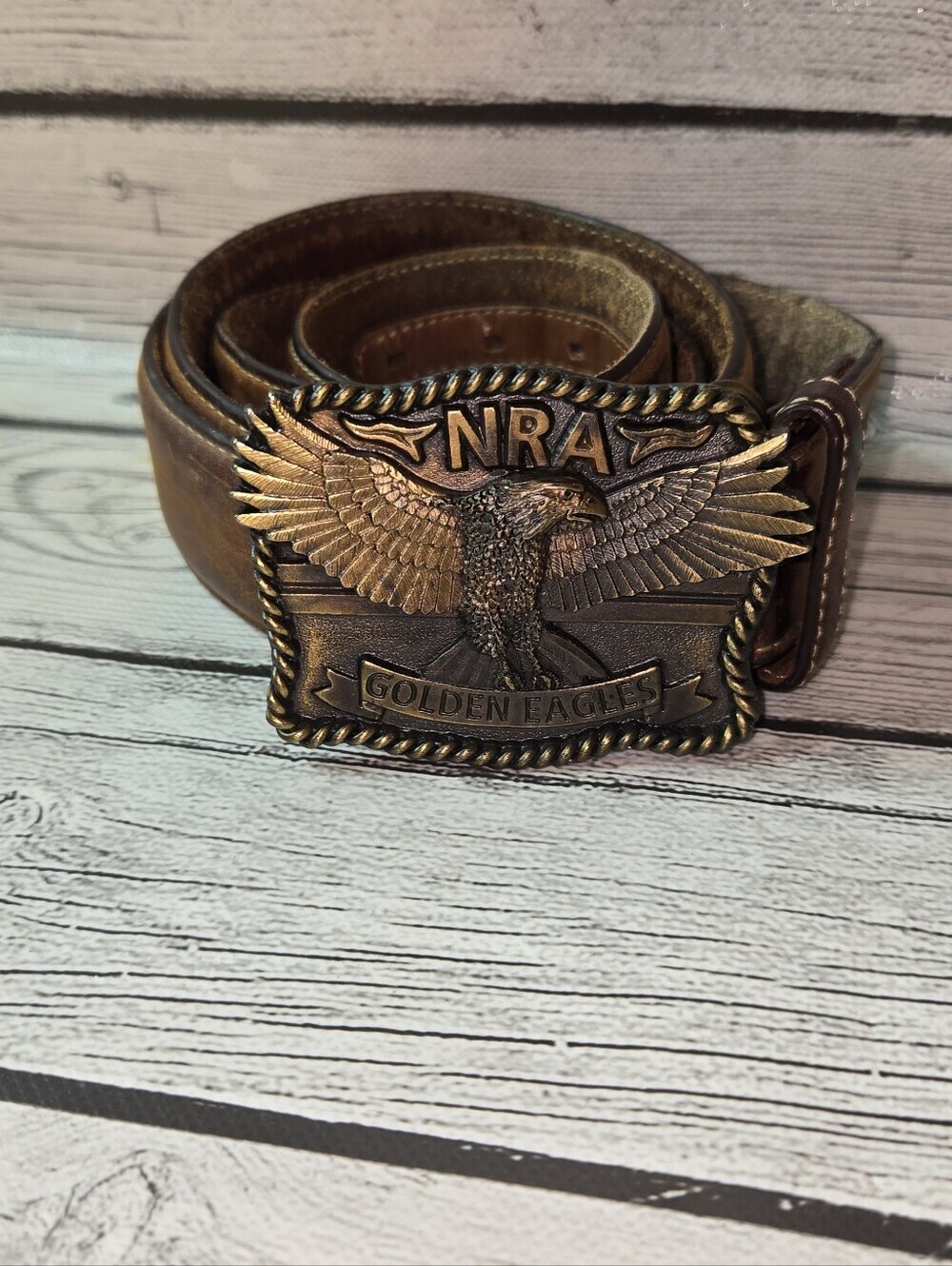 Vintage NRA Golden Eagles Leather Belt Bronze Eagle Buckle Made USA Size 42